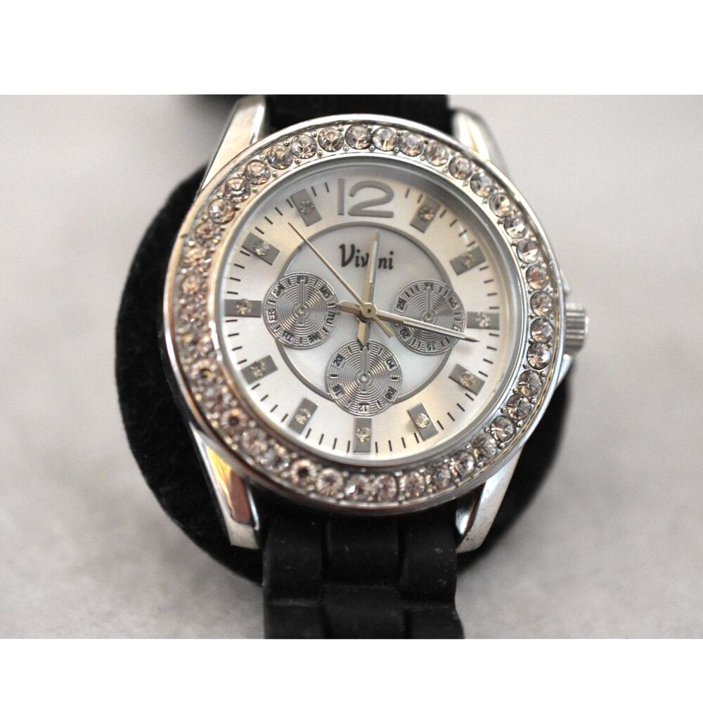 Vivani Rhinestone Accent Silver Tone Black Silicone Band New Battery Watch